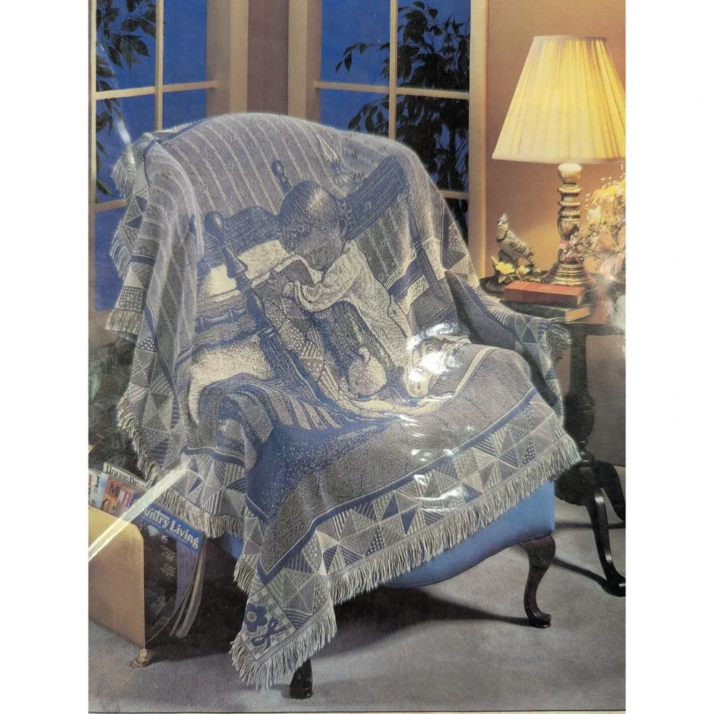 Vintage American Weavers Bedtime Prayer Jacquard Throw Blue Child Praying 50x60